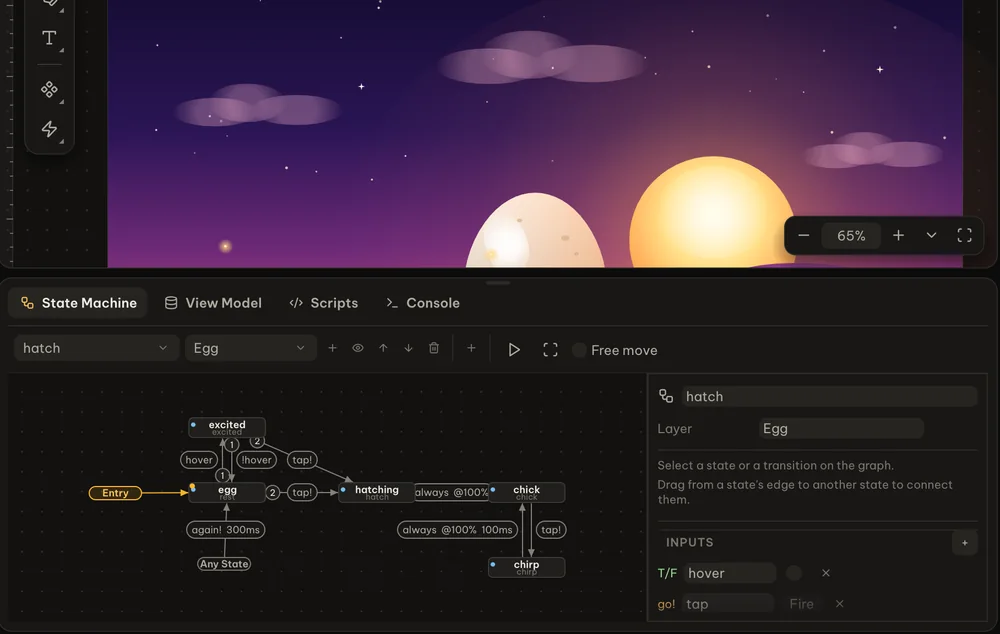 The state machine of the Hatch scene: egg, excited, hatching, chick and chirp states
